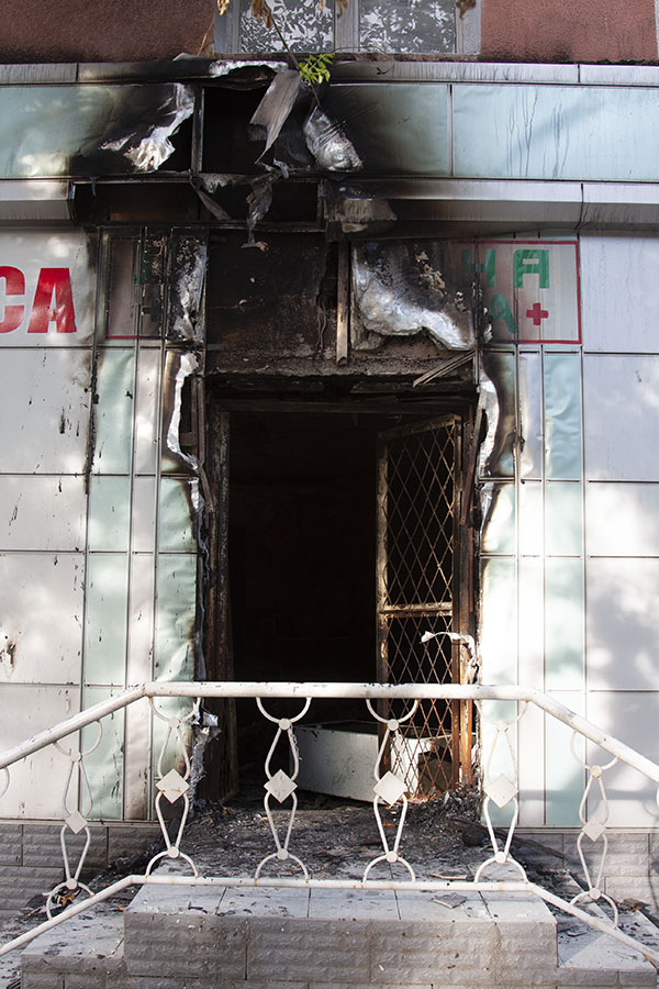 Burned pharmacy in Osh